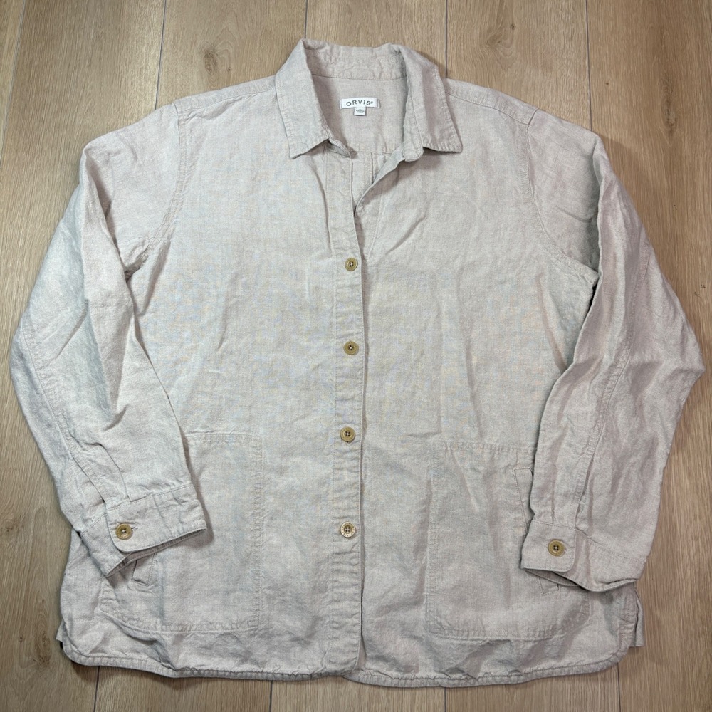 Orvis 100% Linen Button Down Shirt Womens XL Beige Long Sleeve Utility Top